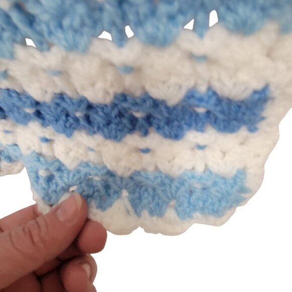Handmade Knit Crochet Baby Blue White Striped Blanket Throw Modern Home Decor - Picture 8 of 8